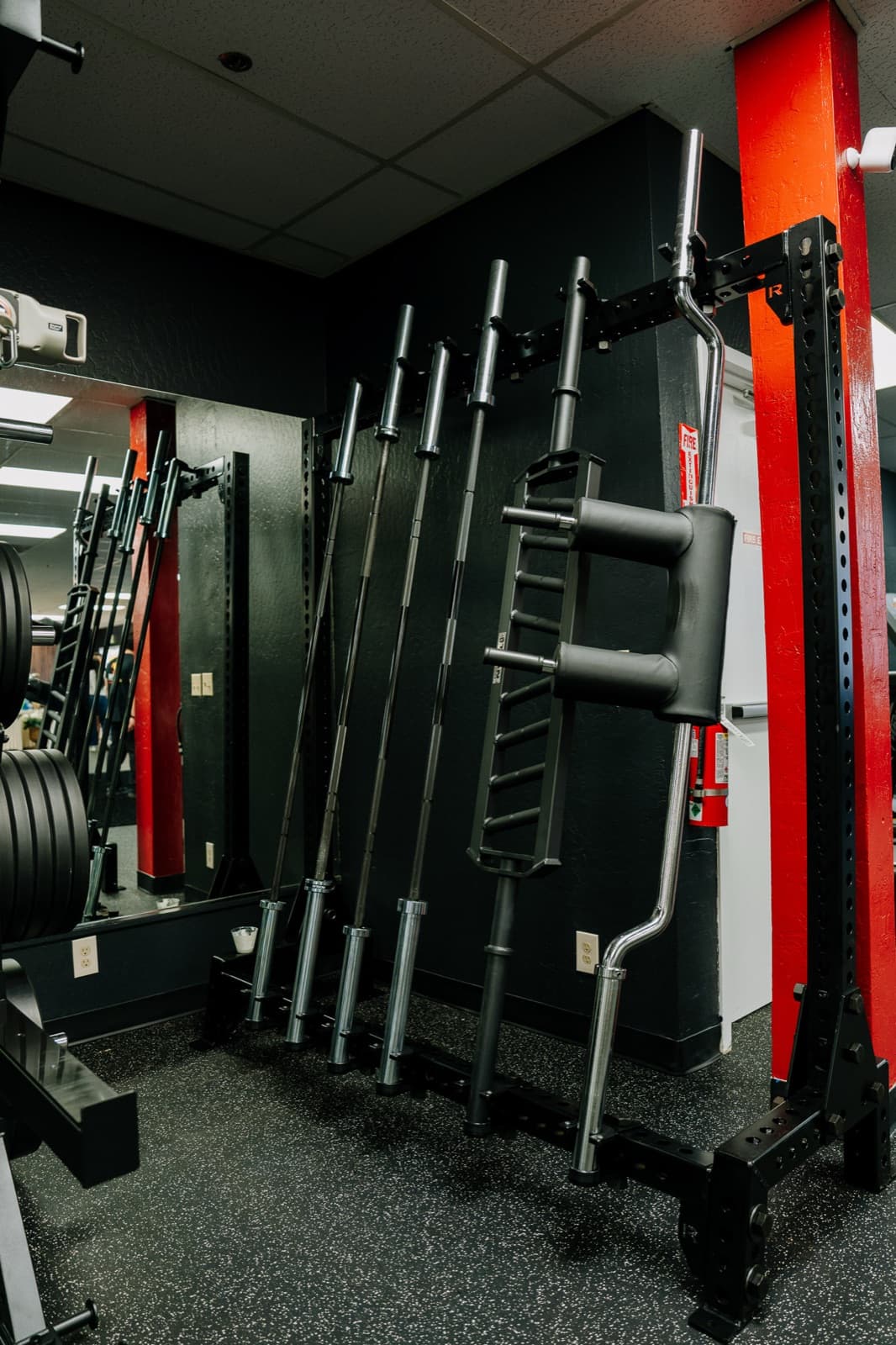 Barbell rack and red power rack at the SunFM studio